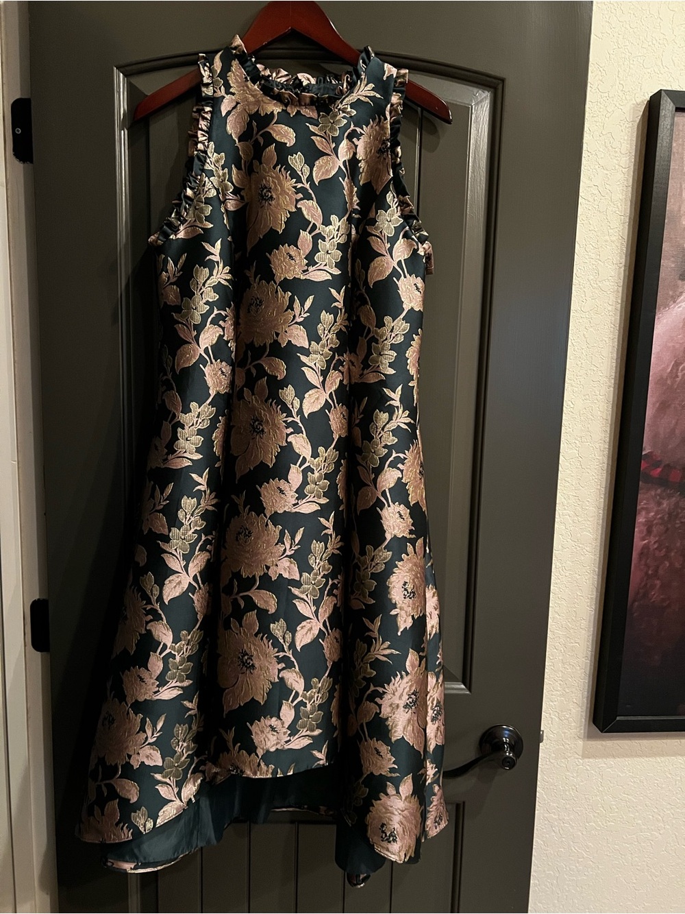 Adrianna Papell Dark Green and Rose Floral High-Low A-Line Dress